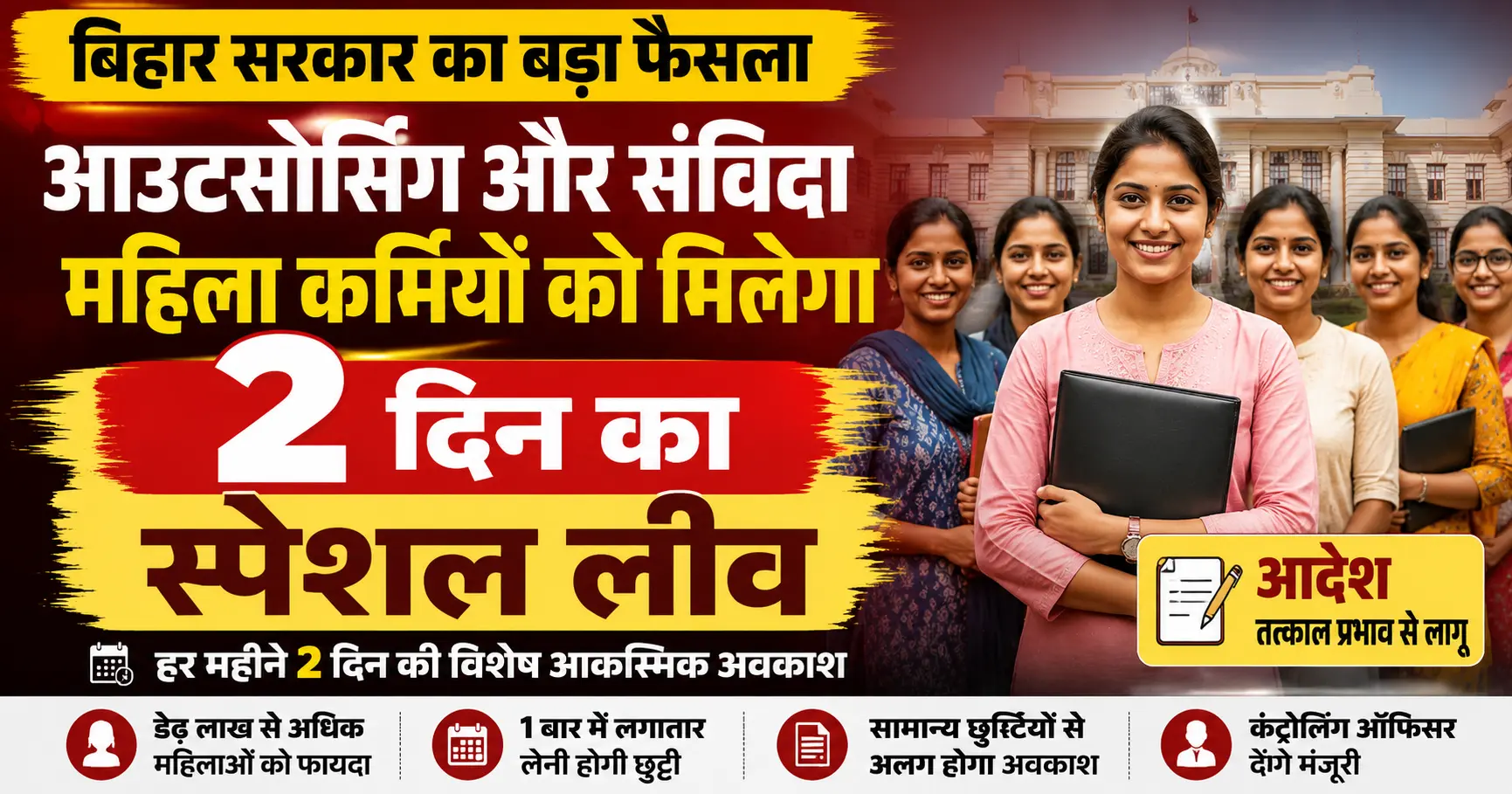 बिहार में महिला कर्मियों को स्पेशल लीव, आउटसोर्सिंग कर्मचारियों को हर महीने 2 दिन की छुट्टी