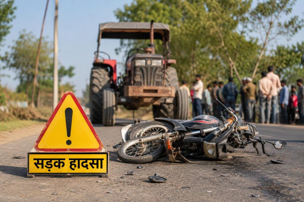 आरा सड़क हादसे के बाद सड़क पर क्षतिग्रस्त बाइक और खड़ा ट्रैक्टर की सांकेतिक तस्वीर