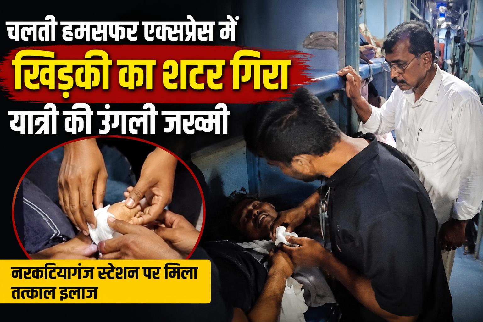 चलती हमसफर एक्सप्रेस में खिड़की का शटर गिरा, यात्री की उंगली जख्मी, नरकटियागंज में इलाज